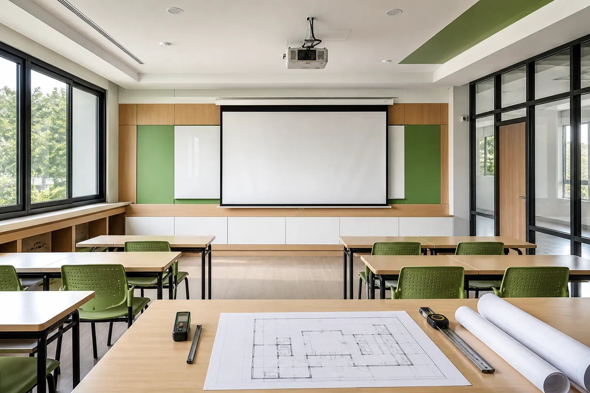 ห้องเรียนสมัยใหม่พร้อมโปรเจคเตอร์ติดเพดานและจอรับภาพ