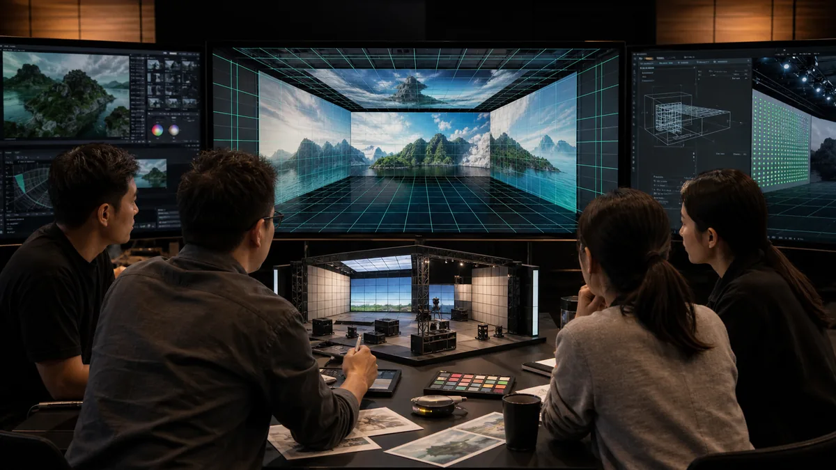 ทีมออกแบบตรวจสอบแบบจำลอง 3D และ Content Mapping ของห้องจอ LED Immersive
