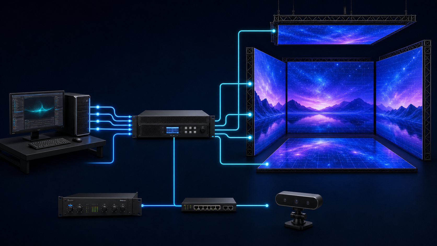 Immersive LED Display Signal Flow จาก Media Server ผ่าน Video Processor ไปยังผนัง พื้น และเพดาน LED