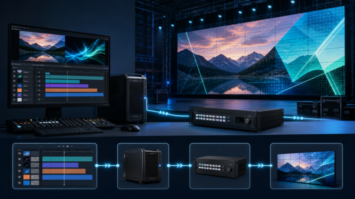 KYSTAR Kommander แสดงขั้นตอน Media Server ไปยัง Video Processor และจอ LED