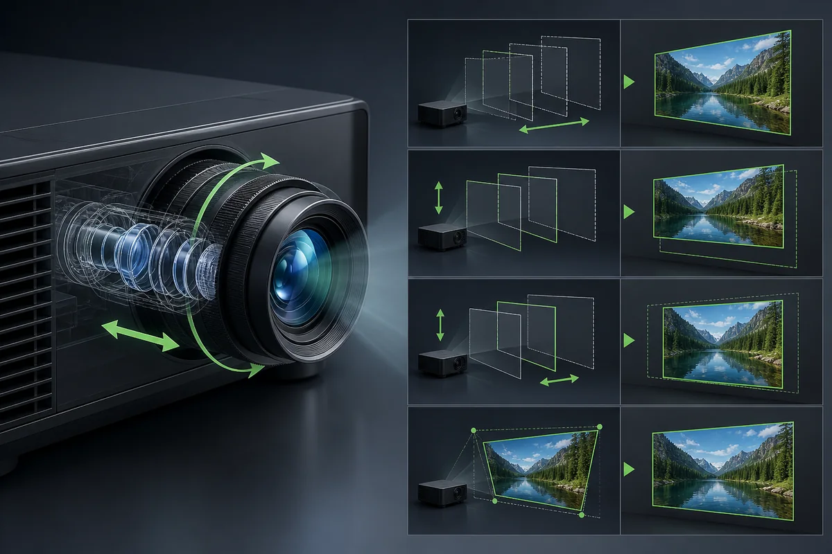 เลนส์โปรเจคเตอร์พร้อมภาพอธิบายซูม Lens Shift และ Keystone