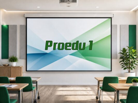 จอรับภาพโปรเจคเตอร์ในห้องเรียนสมัยใหม่ แสดงโลโก้ Proedu 1