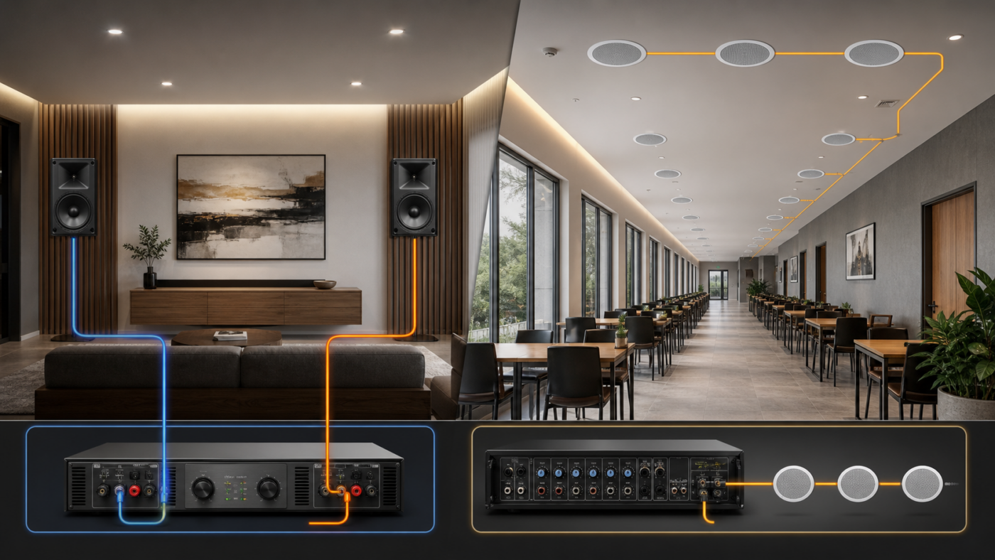 ลำโพง Stereo แบบ Low Impedance เปรียบเทียบกับระบบ 100V Line Speaker หลายตัว