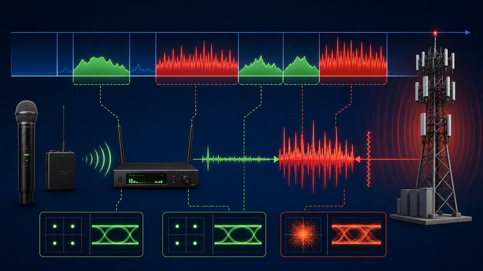 แผนภาพ Wireless Microphone UHF ถูกรบกวนจากคลื่นอื่นและเสาสัญญาณโทรคมนาคม