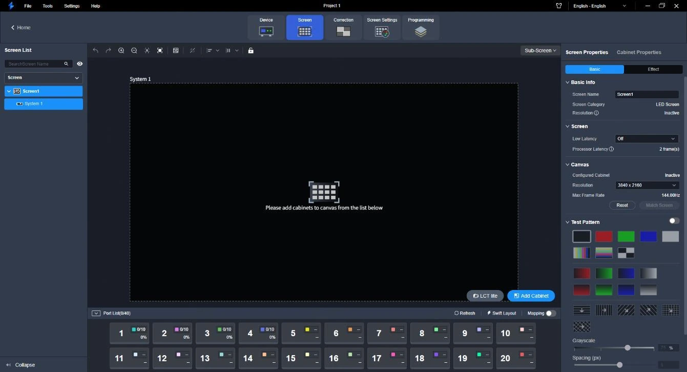 หน้าจอ Screen Topology ใน Unico สำหรับจัดวาง Cabinet จอ LED