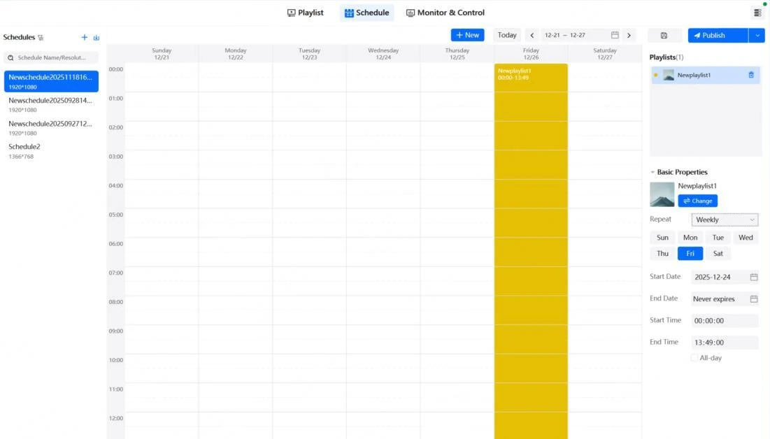 หน้าจอ Schedule ของ ViPlex Express สำหรับกำหนดวันและเวลาเล่น Playlist