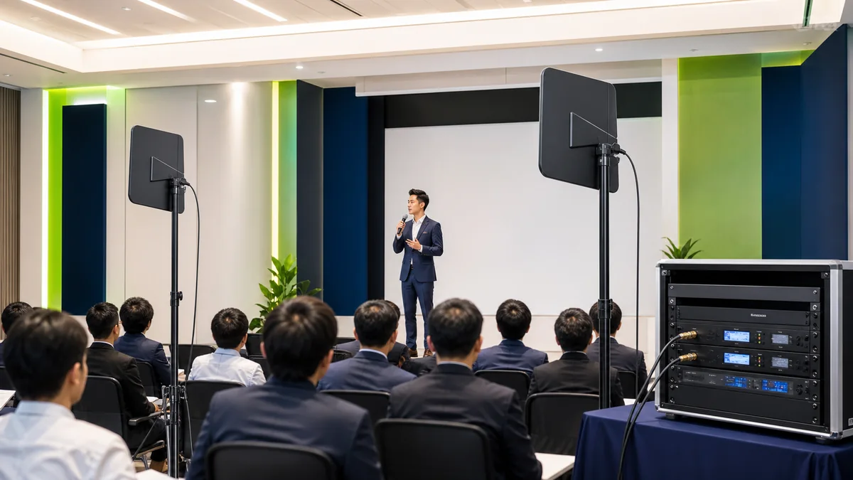 เสาอากาศแบบแพดเดิลสองต้นติดตั้งเหนือผู้ชมและหันเข้าหาเวทีห้องประชุม