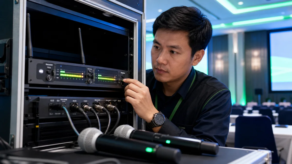 ช่างระบบตรวจดูมิเตอร์ RF และ Audio ที่เครื่องรับไมค์ลอยในห้องประชุม